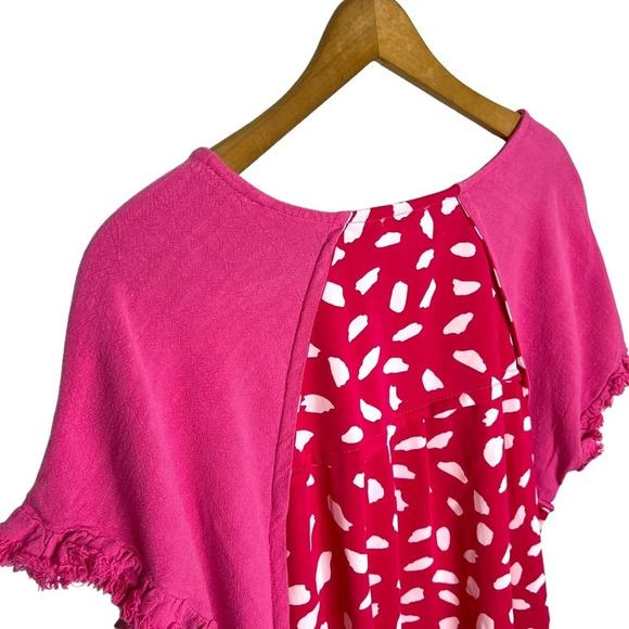 UMGEE Barbiecore Mixed Media Print Fringe Sleeve Pink Short Sleeve Tunic Blouse - Picture 6 of 8